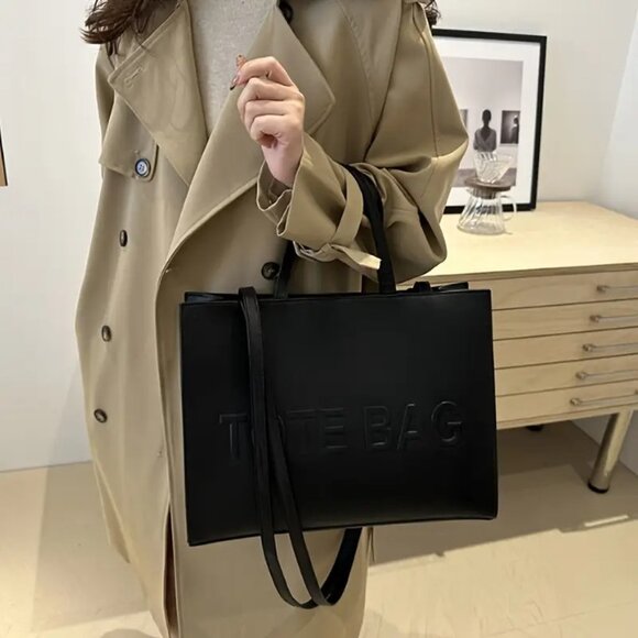 Stylish Black Embossed TOTE BAG Handbag - Vegan Leather Shoulder Bag for Women - Picture 6 of 9